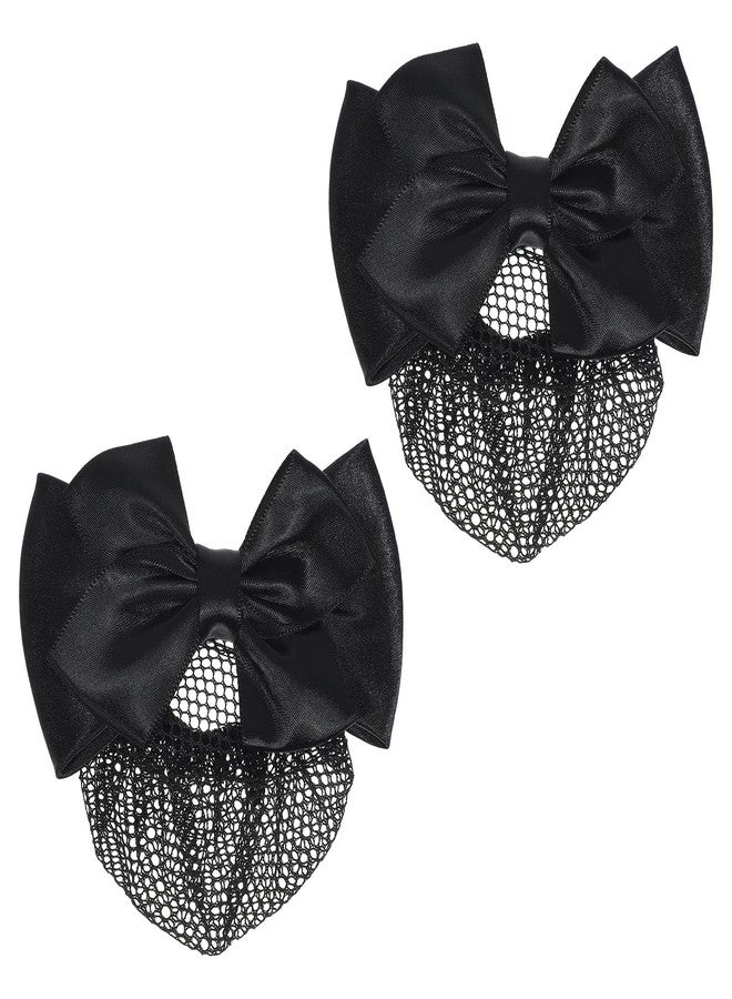 Aysatogc 2 Pieces Hair Snood Net, Women's Bun Cover Hairnet Satin Bow Barrette French Clips Ribbon Flower Hair Accessories for Stewardess Banks Hotels Restaurant Staff (Black) - Image 1